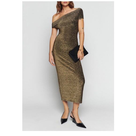 New Reformation Jamen Knit Dress Gold Off The Shoulder Two Way Sleeve Sz M - Picture 2 of 13